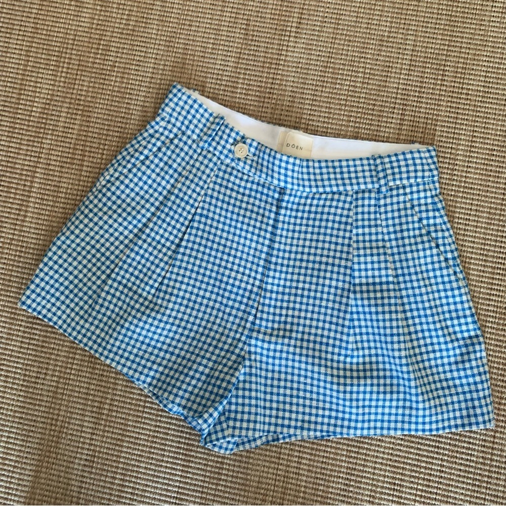 NWT Doen Kingsley Cotton Button High Waist Shorts Southhampton Gingham Blue - Picture 6 of 12